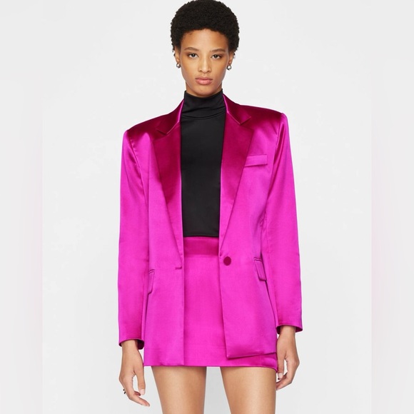 NWT FRAME Strong Shoulder Blazer Jacket Magenta Pink SIZE Small Satin MSRP $678
